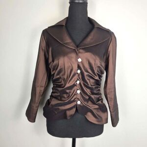 Tadashi Collection Brown Taffeta Ruched Rhinestone Evening Blouse Y2K Cocktail